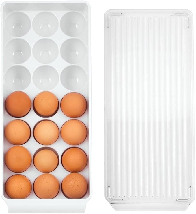 iDesign Plastic Egg Holder with Lid and Handle - Holds 21 Eggs - Clear/White - Made in USA