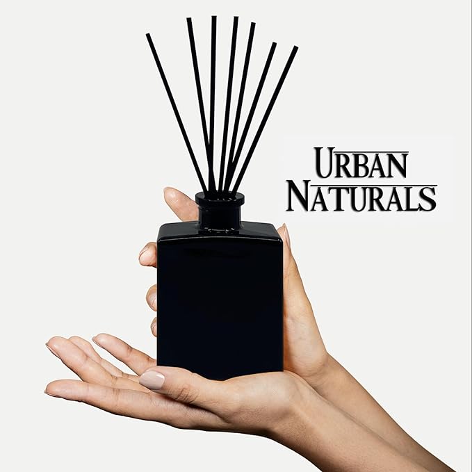 Urban Naturals Holiday Cheer Reed Diffuser Set – Cranberry, Cinnamon, Evergreen, Cedar & Smokey Wood – 5 Ounce Sleek Black Rectangular Refillable Glass Bottle – Made in The USA