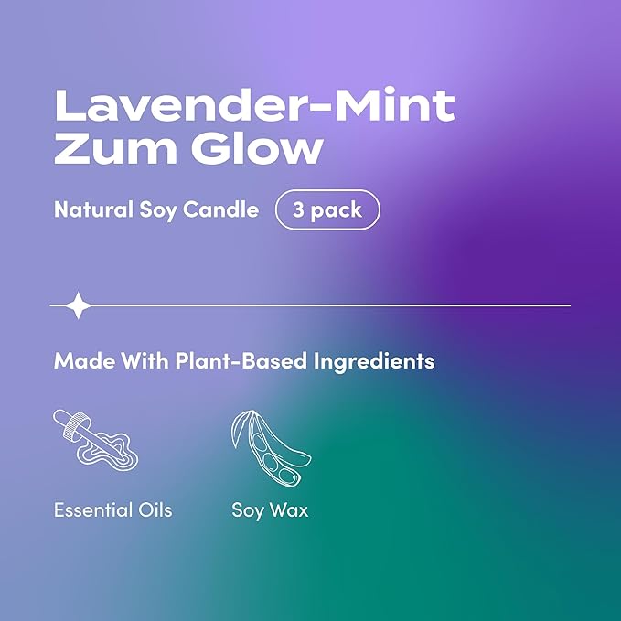 Indigo Wild Zum Glow Lavender Mint Candle - Soy Wax Candle with Lead-Free Wick - Relaxing Candles Scented with Essential Oils - Long-Lasting Scented Candles - 30-Hour Burn Time - 7 oz (3 Pack)