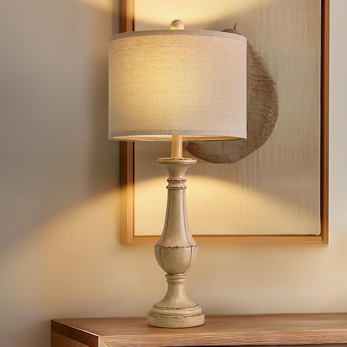 PoKat 27.5" Farmhouse Table Lamp for Living Room, Mid Century Tall Table Lamp for Bedroom, Bedside Lamps for Night Stands, Wood Bedroom Lamp for End Table, Traditional Lamp, Distressed Washed White