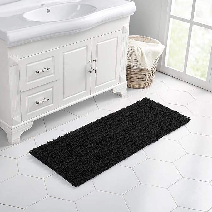 Walensee Bathroom Rug Non Slip Bath Mat (44x24 Inch Black) Water Absorbent Super Soft Shaggy Chenille Machine Washable Dry Extra Thick Perfect Absorbant Best Large Plush Carpet for Shower Floor