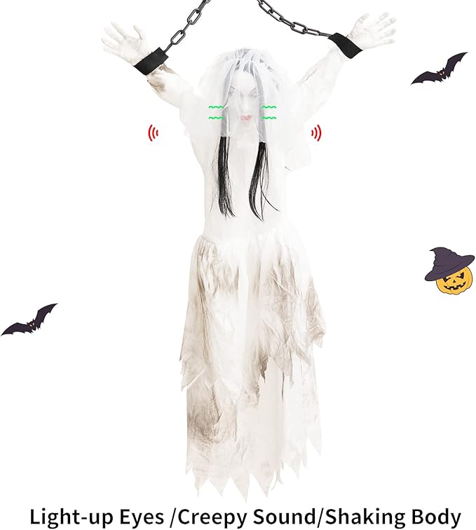 HollyHOME Animated Hanging Bride Ghost Halloween Decor - Glowing Eyes, Creepy Sounds & Shaking Body, Outdoor Scary Haunted House Prop and Yard Decoration 60 Inch