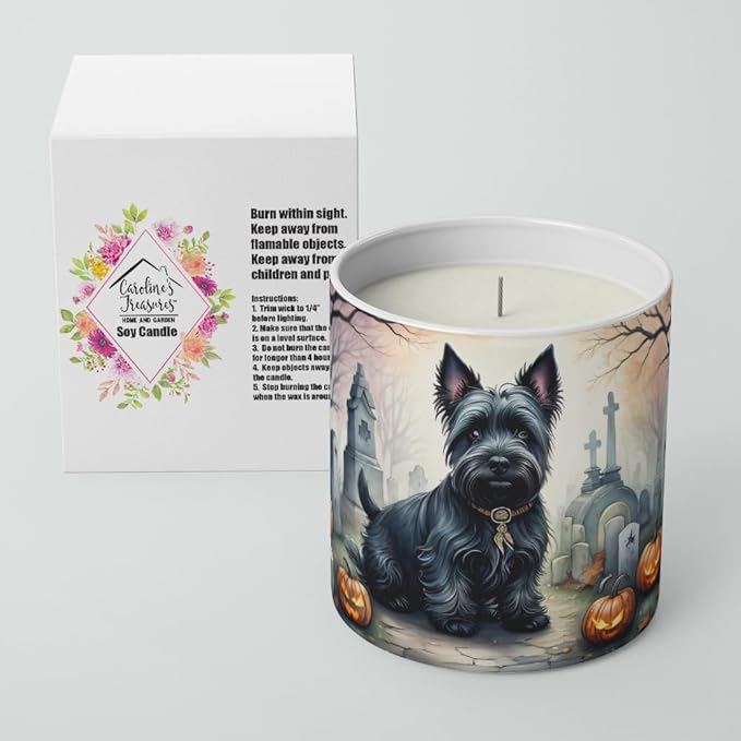 Caroline's Treasures DAC2051CDL Scottish Terrier Spooky Halloween Decorative Soy Candle Nature Soy Wax Essential Oil Home Decor Ideal for Bedroom Kitchen Bath Office Gift, 10 oz