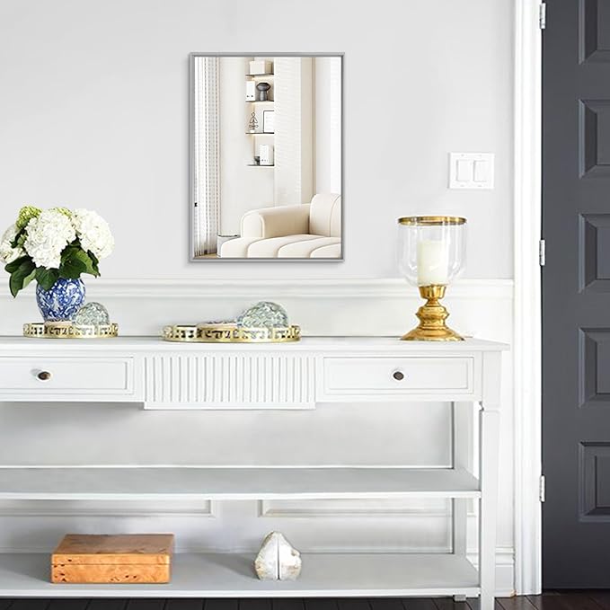 AAZZKANG Grey Wall Mirror Decorative Metal Framed Mirrors 26"x18" Modern for Bedroom Bathroom Dressing Room Home Decor Rectangular Large