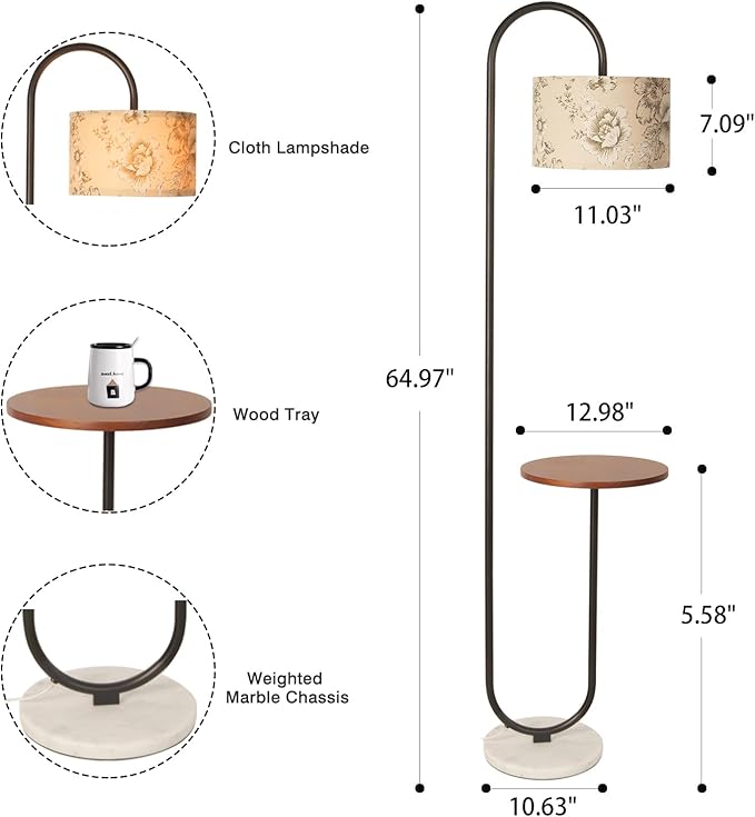 Hsyile Arc Floor Lamp with Hanging Drum Shade for Living Room-Marble Base Modern Tall Stand Up Light with Table, Contemporary Over The Couch Black Lamp Standing Lamps