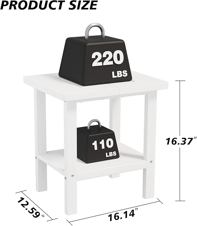 2-Tier Adirondack Square Outdoor Side Table, Pool Composite Patio Table, Weather Resistant End Table for Patio, Backyard, Pool, Easy Maintenance - White