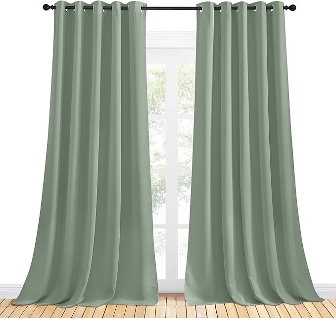 NICETOWN Thermal Insulated Greyish Green Curtains for Living Room, Window Treatment Solid Grommet Room Darkening Drape Panels for Bedroom (Set of 2, 70 by 95 inches Long)