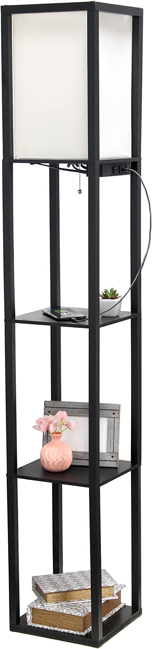 Simple Designs LF1037-BLK Floor Lamp Etagere Organizer Storage Shelf with 2 USB Charging Ports, 1 Charging Outlet and Linen Shade, Black