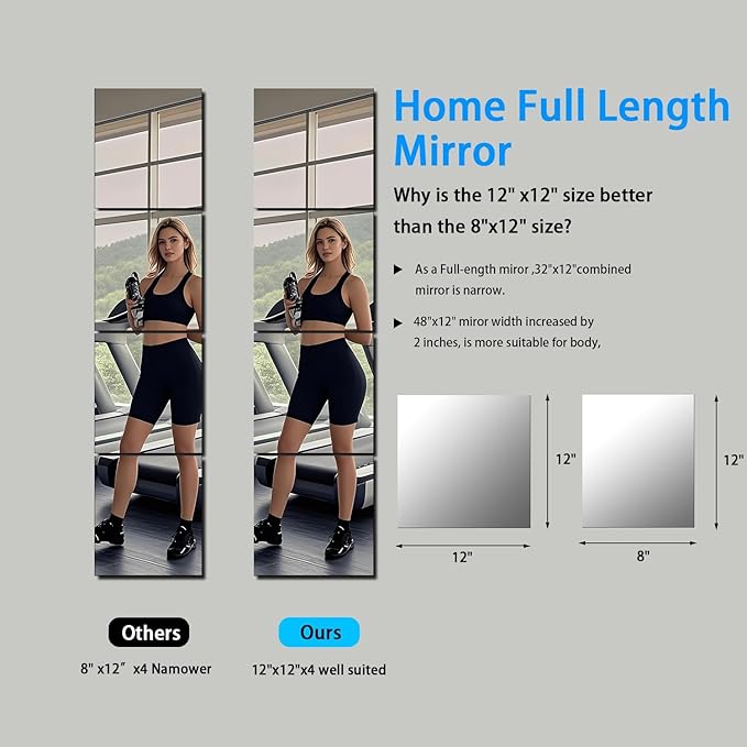 SUNQUEEN 12" x 12" Glass Mirror Tiles for Wall – Frameless Full Length Mirror Wall Mounted, Full Body Mirrors for Bedroom Home Gym Door & Bathroom (4-Pack)