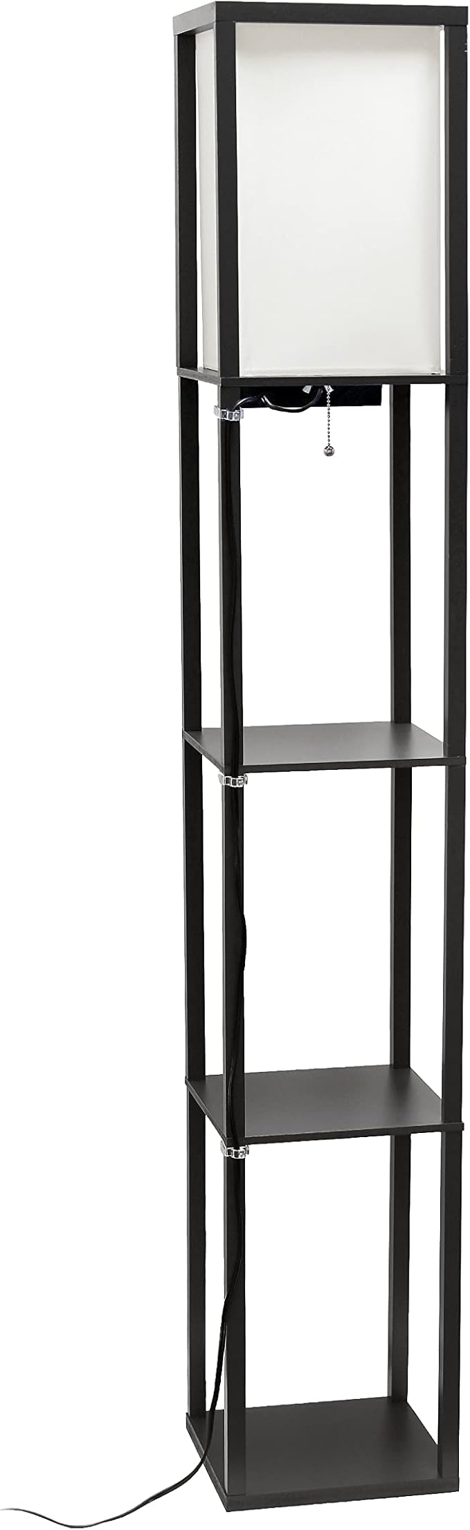 Simple Designs LF1037-BLK Floor Lamp Etagere Organizer Storage Shelf with 2 USB Charging Ports, 1 Charging Outlet and Linen Shade, Black