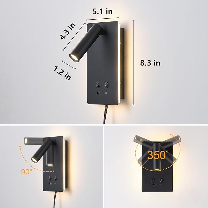 LED Wall Mounted Reading Lights for Books in Bed, Plug in Wall Sconce with USB C+A Ports & 3 Brightness Dimmable, Black Wall Lamps for Bedroom, Headboard Bedside Lamp with 9W+3W Night Light (2 pack)