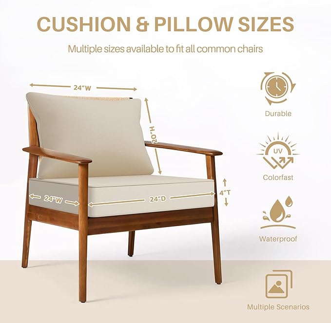 Outdoor Chair Cushion Set 24 x 24 Inch Waterproof Fade Resistant Patio Furniture Cushions with Handle and Adjustable Straps Back Seat Cushions for Wicker Seat and Couch