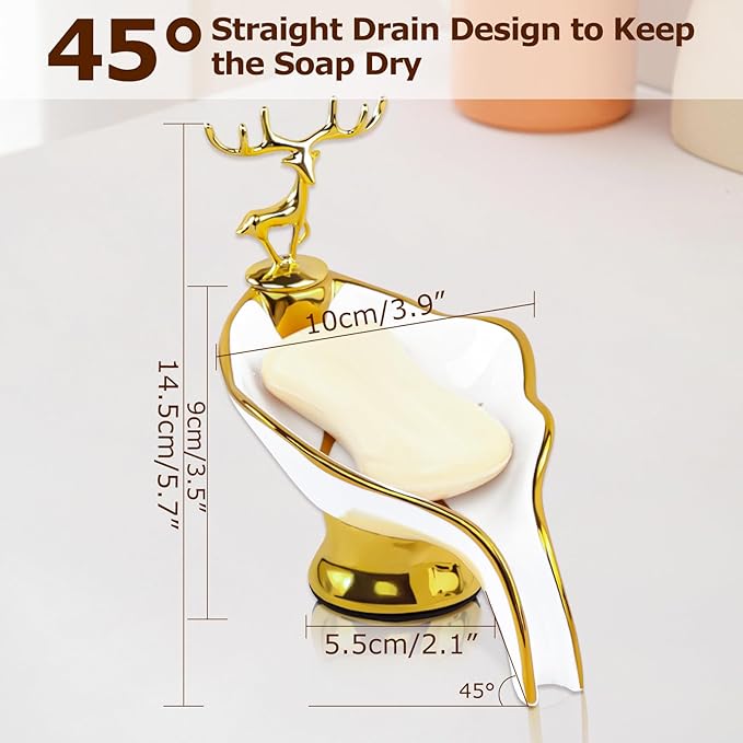 Leaf Shape Ceramic Soap Dishes - Self Draining Soap Dish for Shower, Bathroom Sink, Bathtub, Kitchen Counter (White)