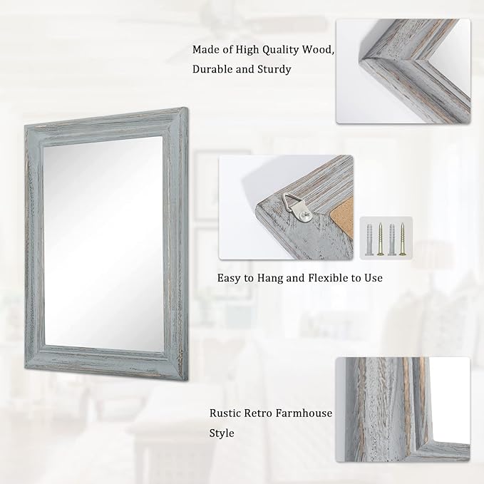 Wooden Mirror with Framed Rectangular Retro Wall Mirrors Decorative for Bathroom Bedroom Living Room Hallway Entryway Home Decor Grey