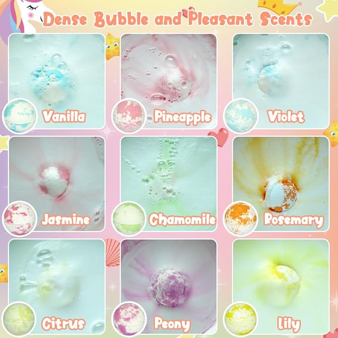 Bath Bombs for Kids Girls, KAV Surprise Bracelet Inside 9 Pcs Natural Organic Fizzy Unicorn Bathbombs, Princess Fun Bubble Kit Bath Bomb, Easter Basket Stuffers Girls, Multicolor