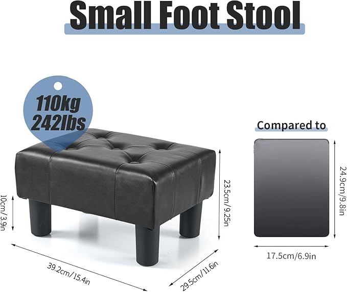 BRIAN & DANY Small Foot Stool, Leather Foot Stools with Legs, Stable Small Footstool for Living Room, Black