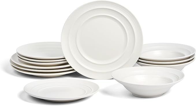 Earth & Clay Celeste 24-Piece Dinnerware, Stoneware, Plates and Bowls Set, Includes Dinner and Salad Plates, Cereal Bowls, Dishwasher and Microwave Safe, Dish Set for 8, Ivory White