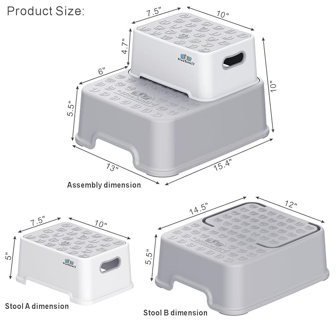 BlueSnail Double up Step Stool for Kids, Anti-Slip Sturdy Toddler Two Step Stool for Bathroom,Kitchen and Toilet Potty Training(Gray)