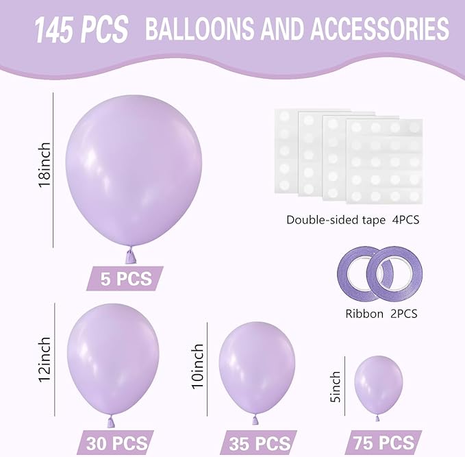 Pastel Purple Balloons 145pcs Different Sizes 18 12 10 5 Inches Light Purple Lavender Lilac Latex Balloon Garland Arch for Birthday Baby Shower Wedding Anniversary Party Decorations