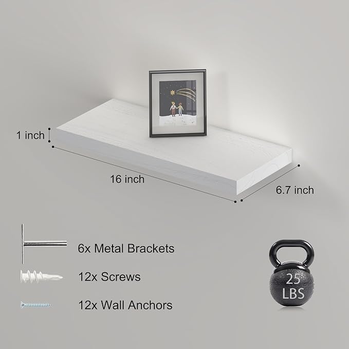 Floating Shelves Wall Shelf Solid Wood Mounted Storage for Bedroom Living Room Set of 3, White Wall Shelves