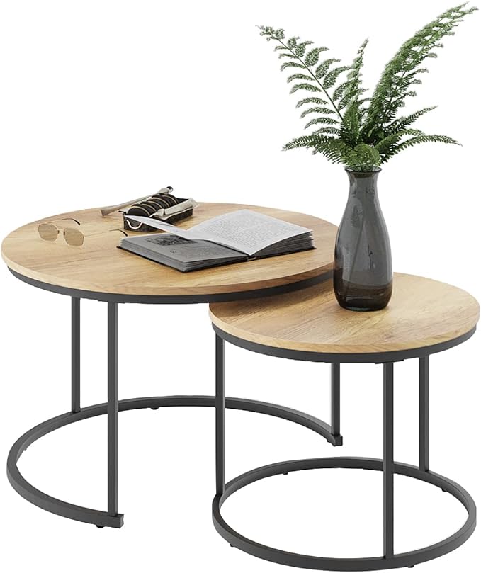 Smuxee Nesting Coffee Table Set of 2, 27.6" Round Coffee Table Wood Grain Top with Adjustable Non-Slip Feet, Industrial End Table Side Tables for Living Room Bedroom Balcony Yard