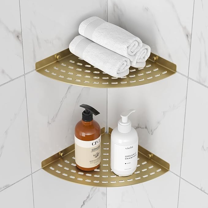2 Pack Corner Shower Shelves 304 Stainless Steel Shower Corner Shelf Brushed Gold Bathroom 8 in Prevent Rust Drilling Installation