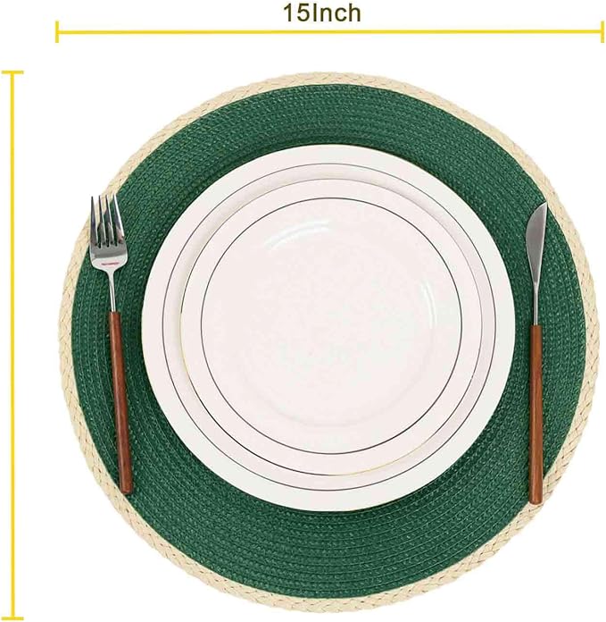 Noctiflorous Round Braided Placemats Set of 6 Table Mats 15 Inches Washable Heat Resistant for Dining Table Non-Slip Indoor Outdoor Place Mats for Easter(01 Pine Green 6)