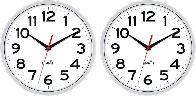 HIPPIH Wall Clock 2 Pack, 10 Inch Modern Wall Clocks Battery Operated, Non Ticking Silent Clock, Simple Small Analog Clocks for Living Room, Bedroom, School, Office Decor, Silver