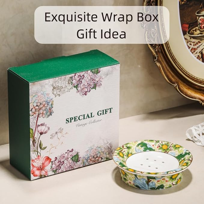 Floral Decorative Self Draining Soap Dish, Double-Layer Round Soap Tray, Vintage Ceramic Soap Dish (Style A)