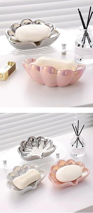 Seashell Ceramic Soap Dish for Bathroom - Efficient Drainage System Prevents Soap Melting, Non-Slip Base with Jewelry Holder, Crack-Resistant Shower Safe Design (White)