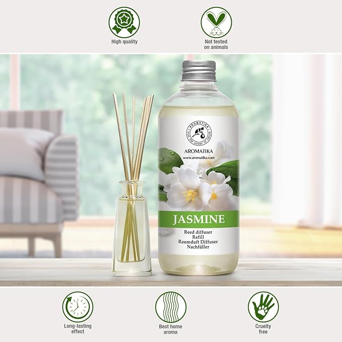 Jasmine Reed Diffuser Refill w/Natural Essential Jasmine Oil - 3x17 Fl Oz - Fresh & Long Lasting Fragrance - Scented Reed Diffuser Oil Refill - Best for Aromatherapy - SPA - Home