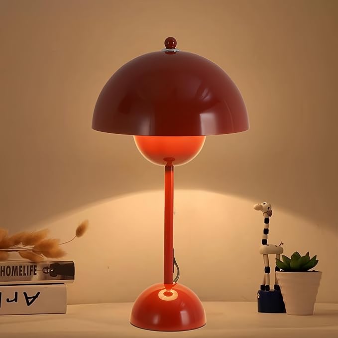 COSYLUX Modern Small Table Lamp for Bedroom, Cute Dome Shade Reflecting Light Reading Lamp for Living Room, Kid's Room, Study, Office, Beside Bedside Nightstand Desk Lamp(Red)