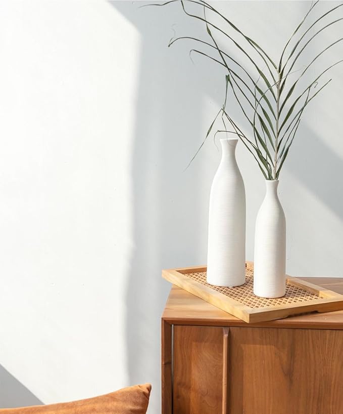 10 Inch White Ceramic Flower Vase, Textured Ribbed Minimalist Decorative Modern Vase for Pampas Grass, Table, Bookshelf, Mantel, and Entryway Home Decor