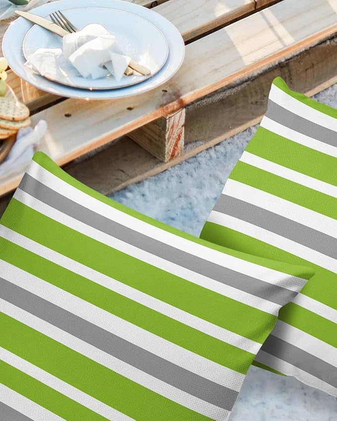 Outdoor Waterproof Throw Pillow Covers Set of 2 Grey Green Stripes Decorative Outdoor Pillows Cushion Case 26x26 Inch Classic Striped Patio Pillows for Couch Sofa Bed Garden Office Home Decor