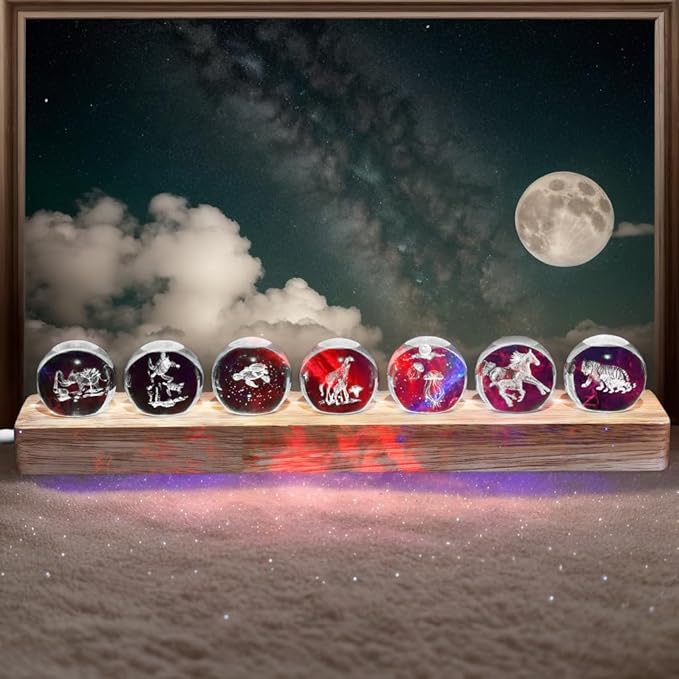 7 Glass Laser Balls with LED Wooden Base 3D Crystal for Mother Son Theme Lights Up as Night Light for Room Decoration, Gifts for Women - Healing Spheres for Meditation in Home Office on Mothers Day