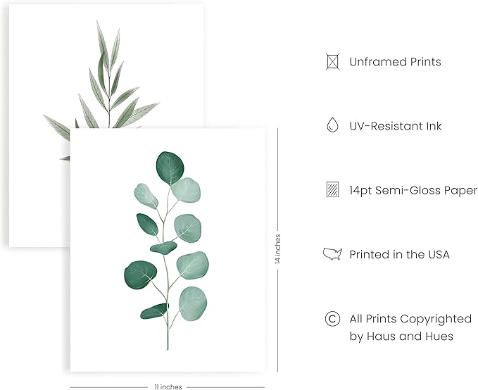 Haus and Hues Plant Wall Art - Botanical Prints, Green Wall Art Collection Set, Plant Pictures, Leaves Paintings (11x14, UNFRAMED)