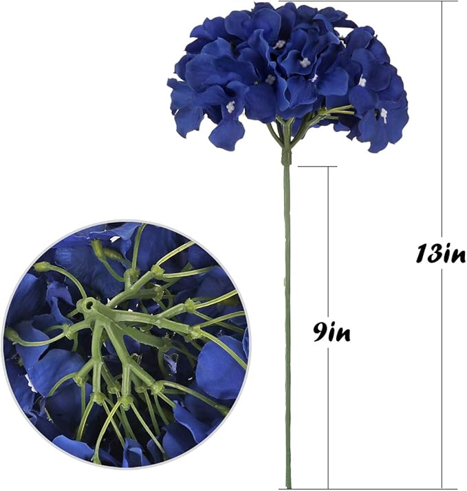 Flojery Silk Hydrangea Heads Artificial Flowers Heads with Stems for Home Wedding Decor,Pack of 10 (Royal Blue)