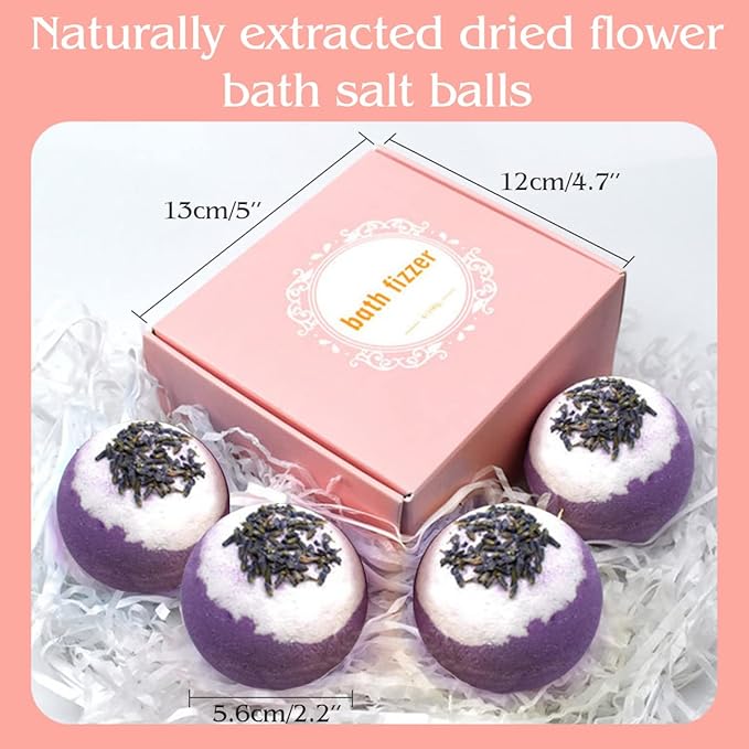 Dried Flower Bath Bombs Salt Balls,4 Pack Gift Set,Lavender Extract Essential Oils,Moisturizing Dry Skin,Fizzy Spa,Relaxation,Self Care,Relaxing,Bubble Bath Bomb Gifts Idea for Men Women