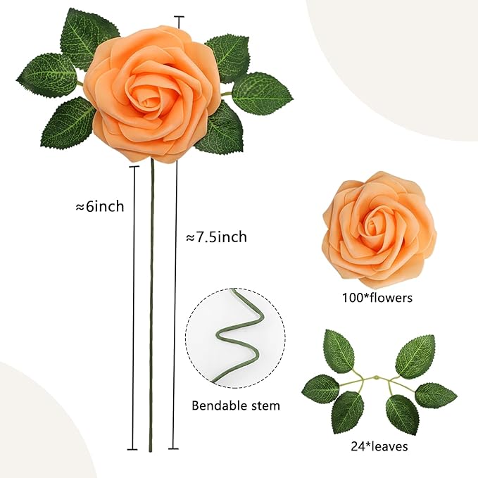 100PCS Orange Artificial Flowers Roses Real Looking Foam Fake Roses with Leaves and for DIY Wedding Bouquets Bridal Shower Centerpieces Party Decorations (Orange, 100)