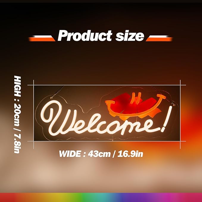 Goneons Welcome Neon Sign for Wall Decor, Dimmable & USB Powered Warm White Welcome with Smile LED Neon Light Sign for Business Open Windows Home Shop Bar Restaurant Pub Cafe Salon Party Decor