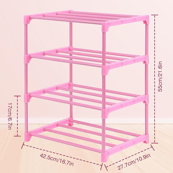 4-Tier Free Standing Shoe Racks for 6-8 Pairs Shoe Storage,Kids Shoe Racks for Small Place,Lightweight Stackable Shoe Shelf Organizer for Entryway, Doorway and Closet,Pink