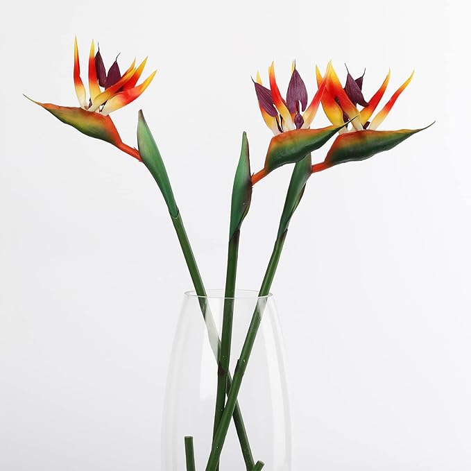 Bird of Paradise Artificial Flowers Rubber Strelitzia 32'in Long Stem Flower 3 Pcs,Suitable for DIY Home Decoration Party Theme Display (Orange red)