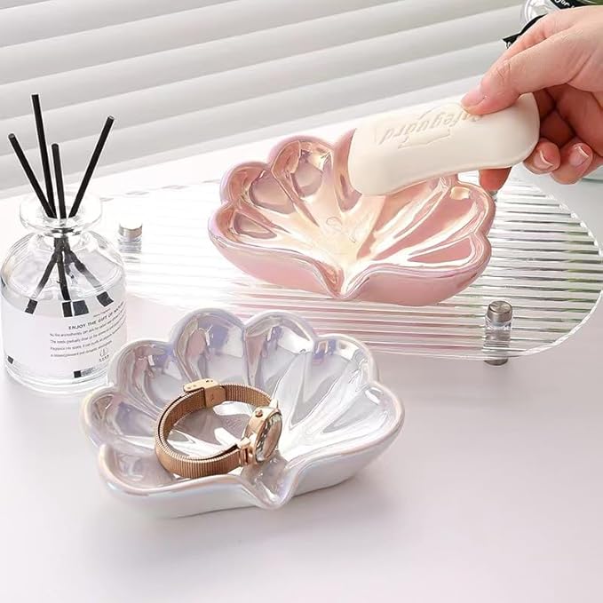 Seashell Ceramic Soap Dish for Bathroom - Efficient Drainage System Prevents Soap Melting, Non-Slip Base with Jewelry Holder, Crack-Resistant Shower Safe Design (White)
