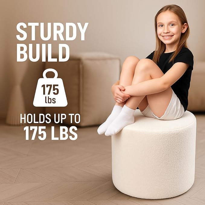 Round Pouf Ottoman and Foot Rest, Soft Boucle Footstool Ottomans for Living Room, Comfort Foam Stuffed Poofs for Couch Desk Resting Your Feet, White