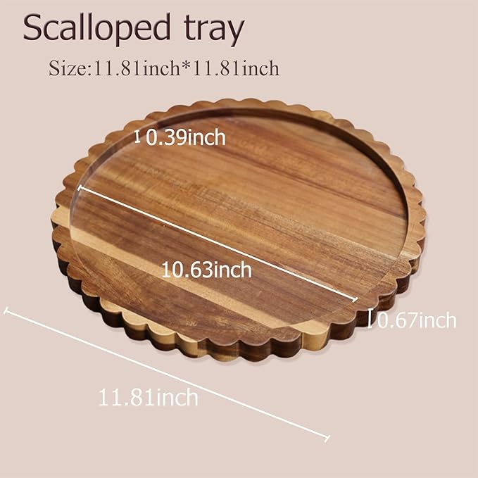 11.8 Inch Round Acacia Wood Decorative Tray for Coffee Table - Unique Scalloped Edge Design, Ideal Wooden Centerpiece Trays for Kitchen, Dining Room, Living Room and Home Decor