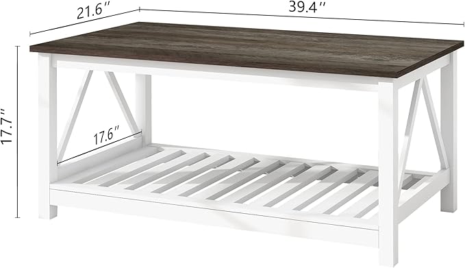 Farmhouse Coffee Table for Living Room, 2-Tier Rectangular Wooden Centre Cocktail Table with Slats Shelf Storage and V-Shaped Frame, Dark Oak