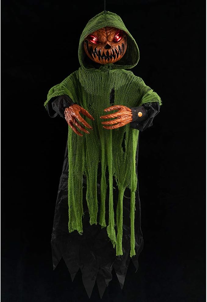 HollyHOME Animated Hanging Jack-O'-Lantern with Glowing Head and Creepy Sound Halloween Decorations Outdoor Haunted House Prop Decor 48 Inch