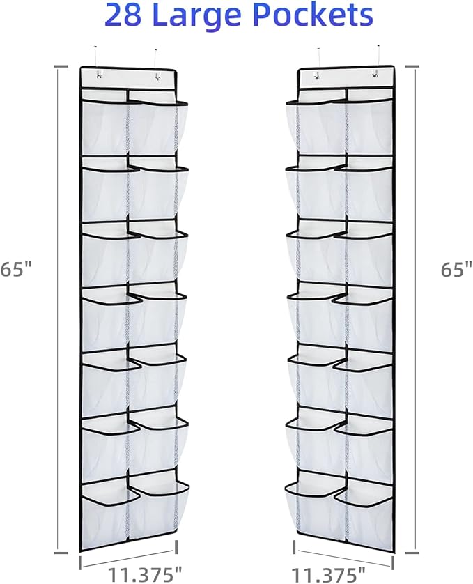 KEEPJOY Over the Door Shoe Organizer, Hanging Shoe Organizer with 4 Hooks, Shoe Holder with 14 Mesh Pockets Closet Door Shoe Storage Bag (White-2Pack)