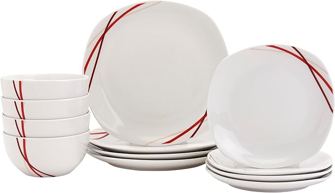 Tabletops Gallery 12-Piece White with Red Stripes Ceramic Dinnerware Set of Kitchen Dishes, Soft Square Dinner Salad Plates Cereal Bowls, Service for 4, Adrian
