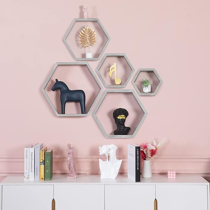 PHOENANCEE Hexagon Floating Shelves,Wall Mounted Wood Farmhouse Storage Honeycomb Wall Shelf Set of 5,for Bathroom, Kitchen, Bedroom, Living Room,Office,Driftwood Finish (Vintage Grey)